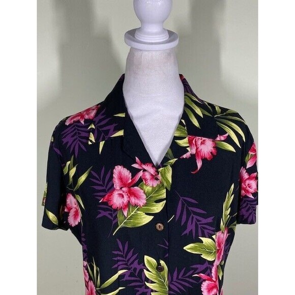 Vtg Two Palms Sz S Hawaiian Aloha Orchid Fern Button-Up Top Y2K Made in Hawaii - Picture 2 of 9
